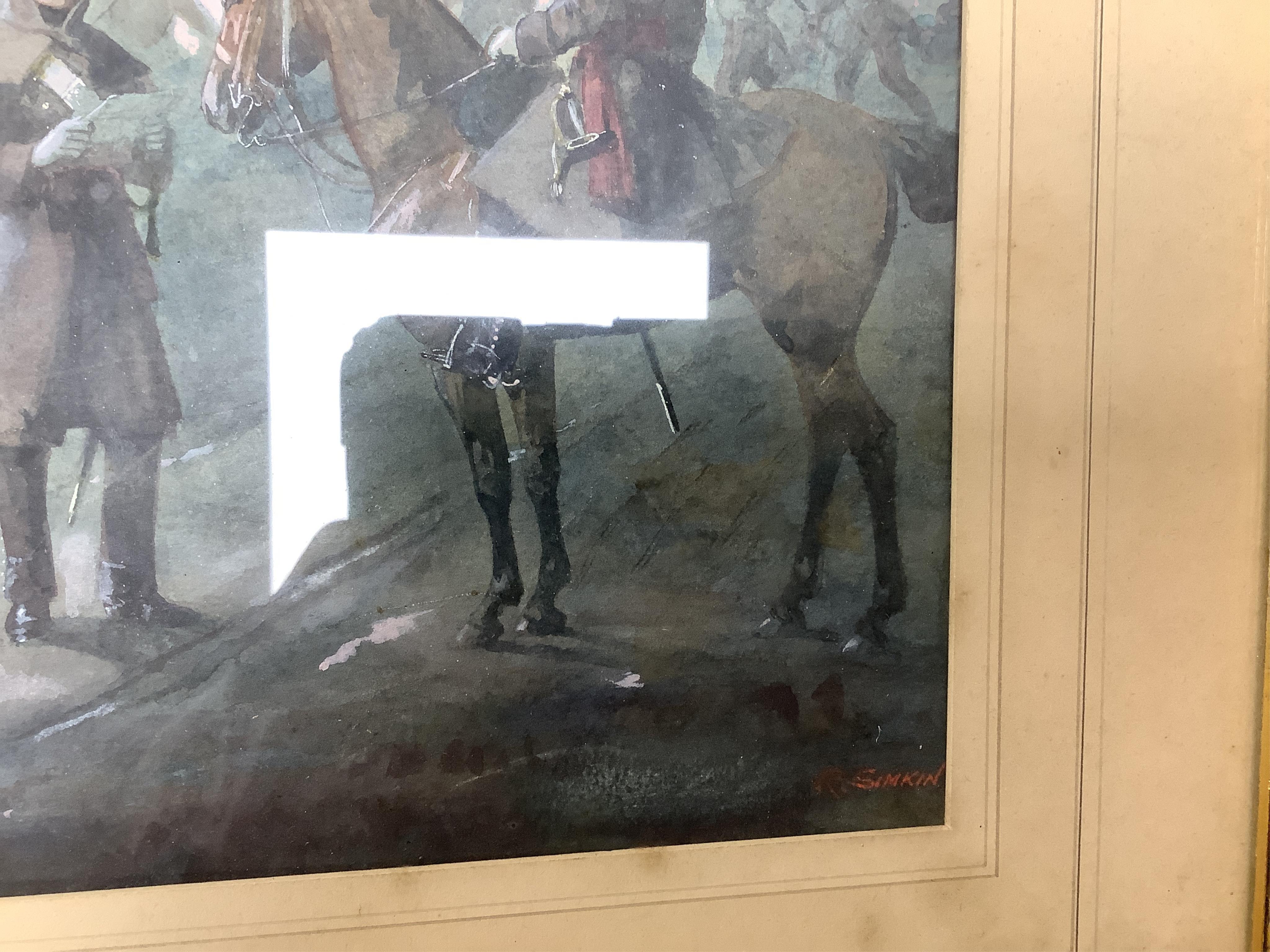 Richard Simkin (1840-1926), watercolour, ‘’The First Regiment of Foot Guards, the night before Waterloo, 17th June, 1815’’, signed, 26 x 40cm